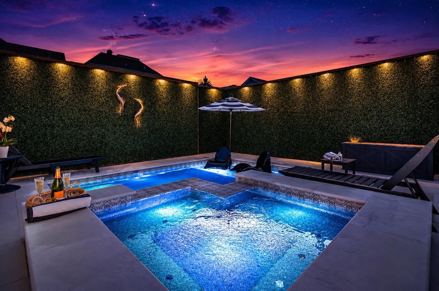 The Bayleigh Rose pool and house at dusk